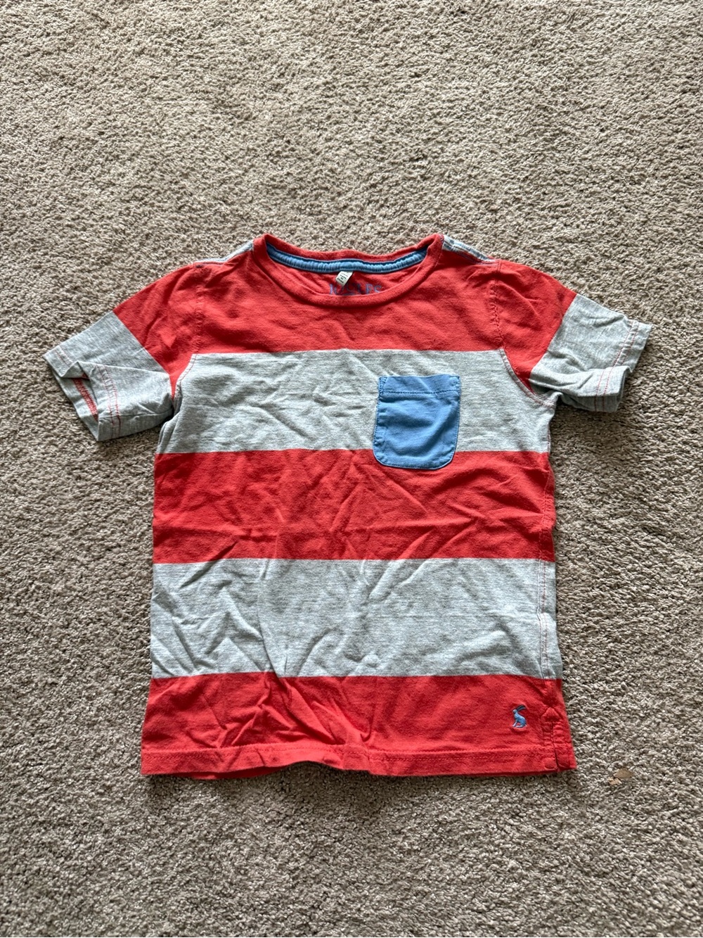 Joule's Tees Red & Light Gray Striped Cotton Tee with Blue Pocket Size 7/8